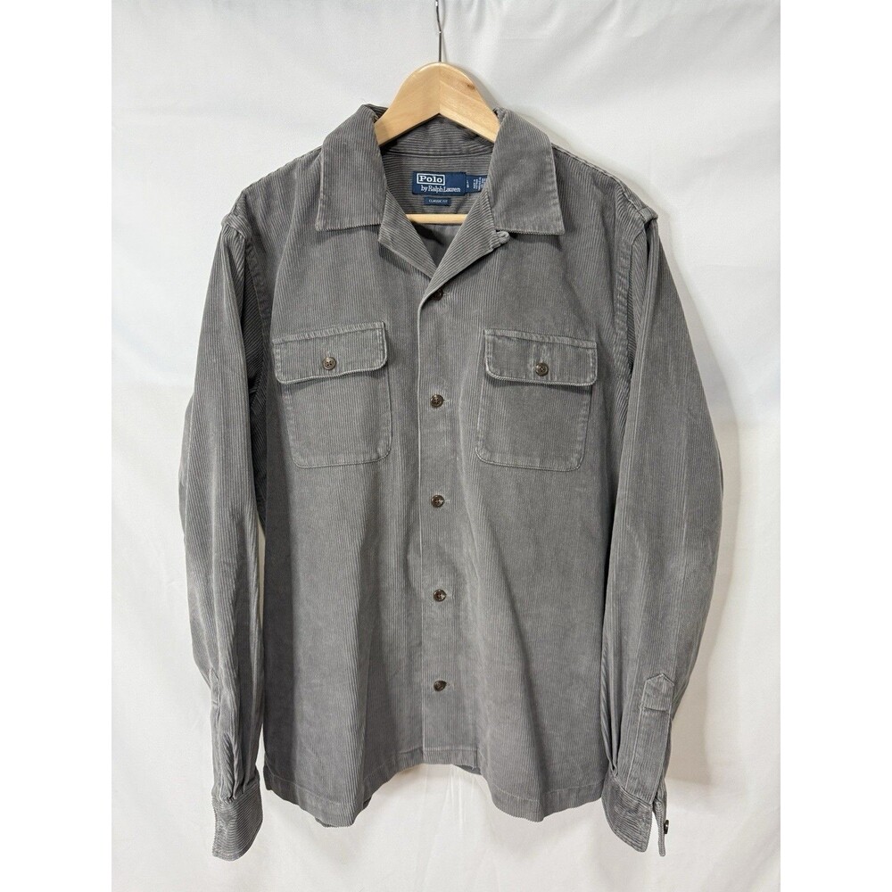 Polo Ralph Lauren Men's Shirt L Corduroy Classic Fit  Camp Shirt  Gray Work